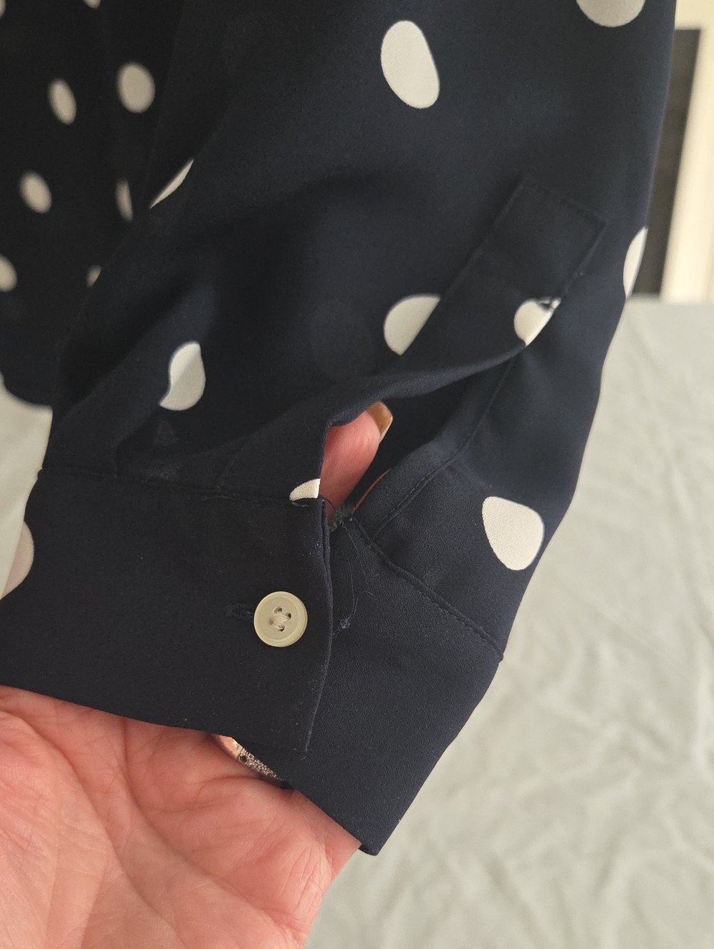 LOFT Navy and White Polka Dot Long-Sleeve Blouse - Picture 7 of 7